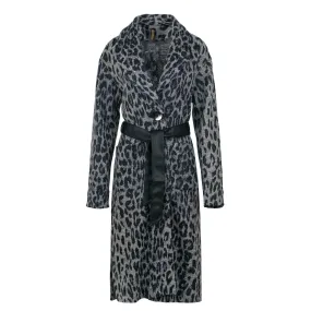 Animal Print Wool Blend Long Coat With Faux Leather Belt