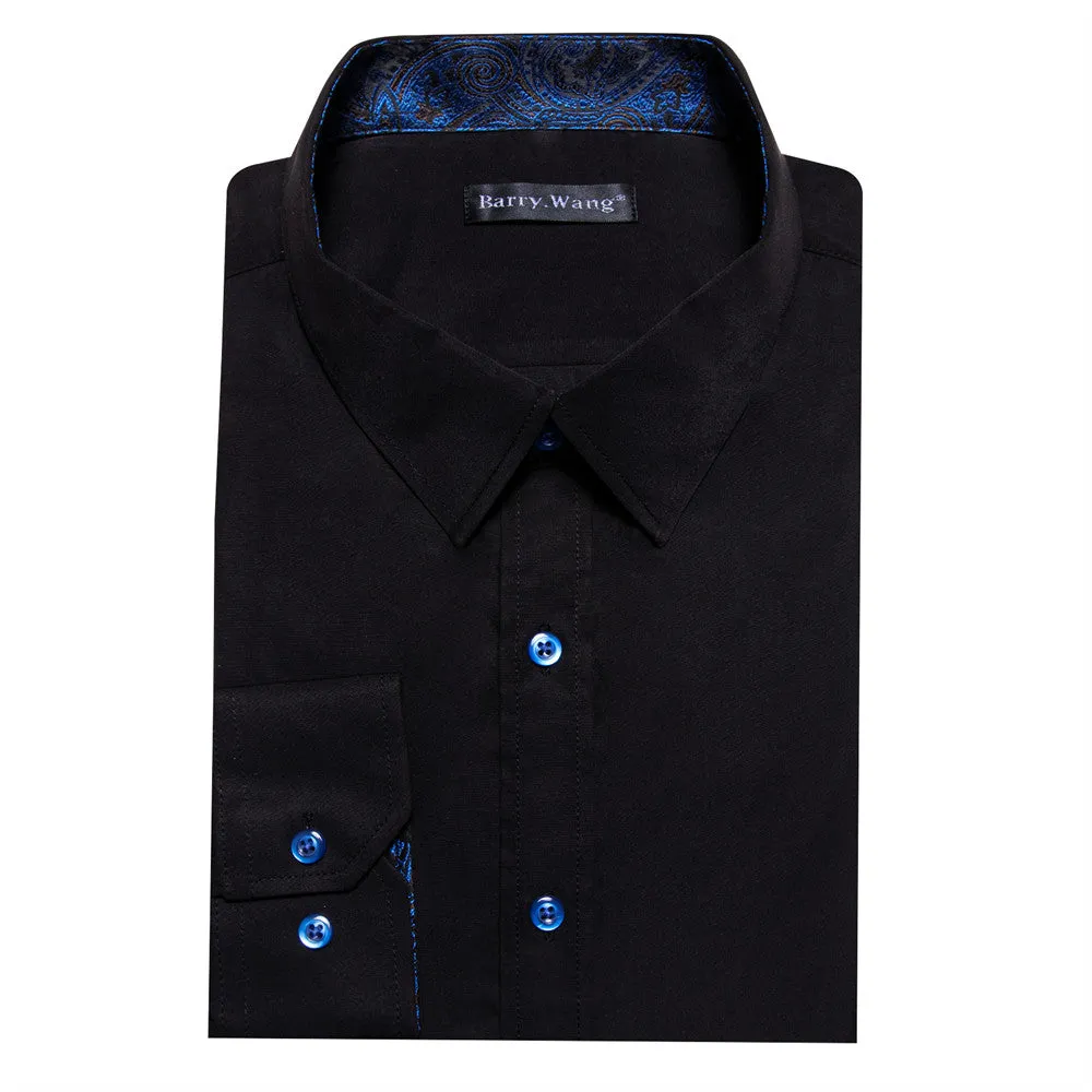 Barry Wang Black Blue Patchwork Shirt Button Up Long Sleeve Collared Shirt