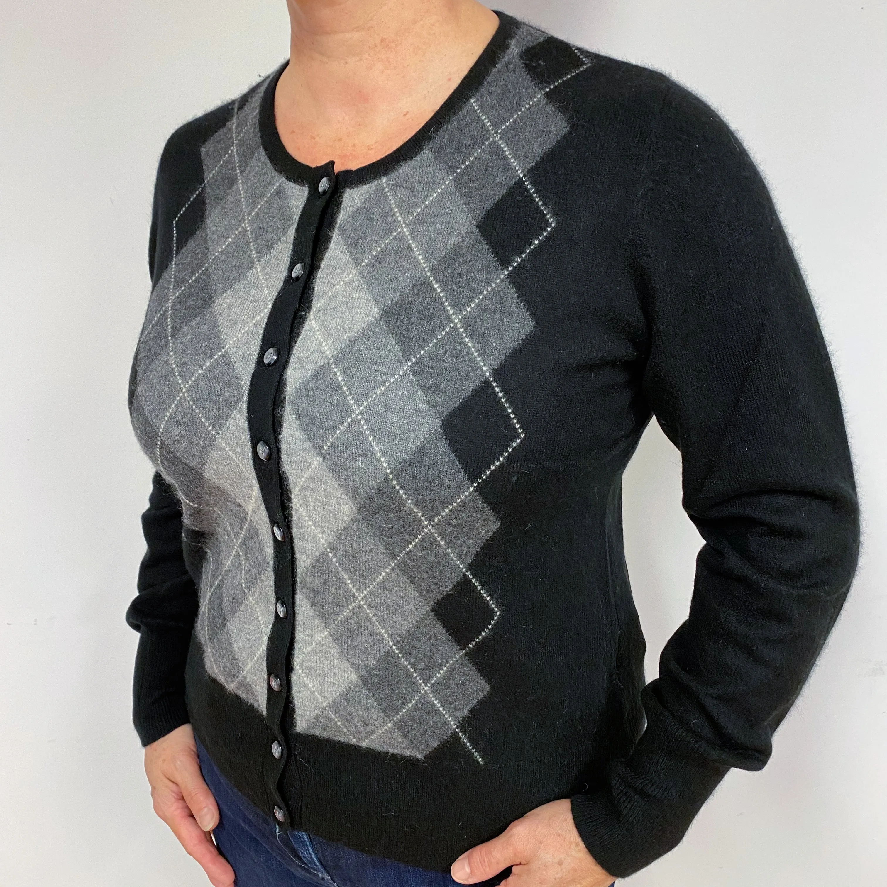 Black and Grey Diamond Cashmere Crew Neck Cardigan Large