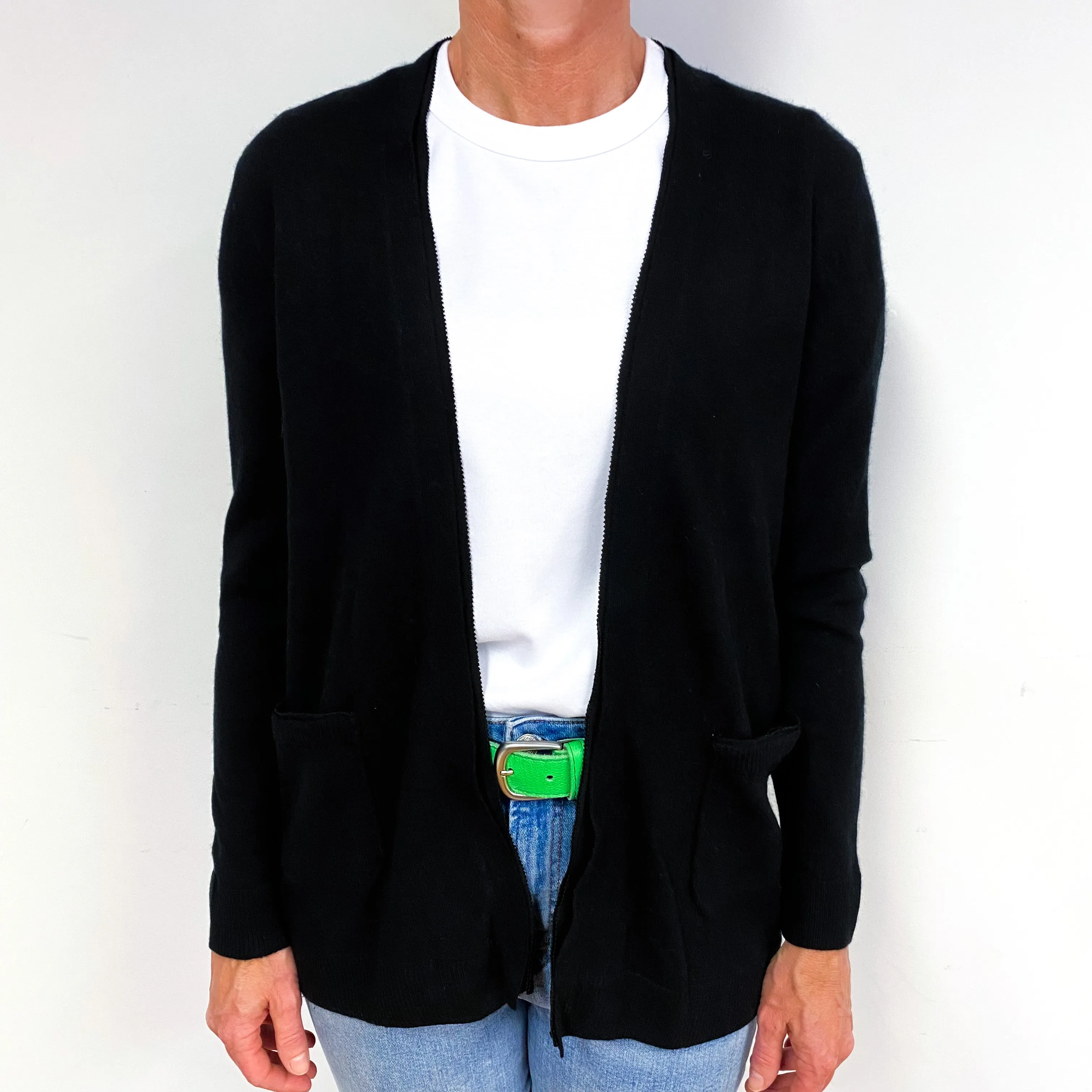 Black Cashmere Edge To Edge Cardigan with Pockets Medium