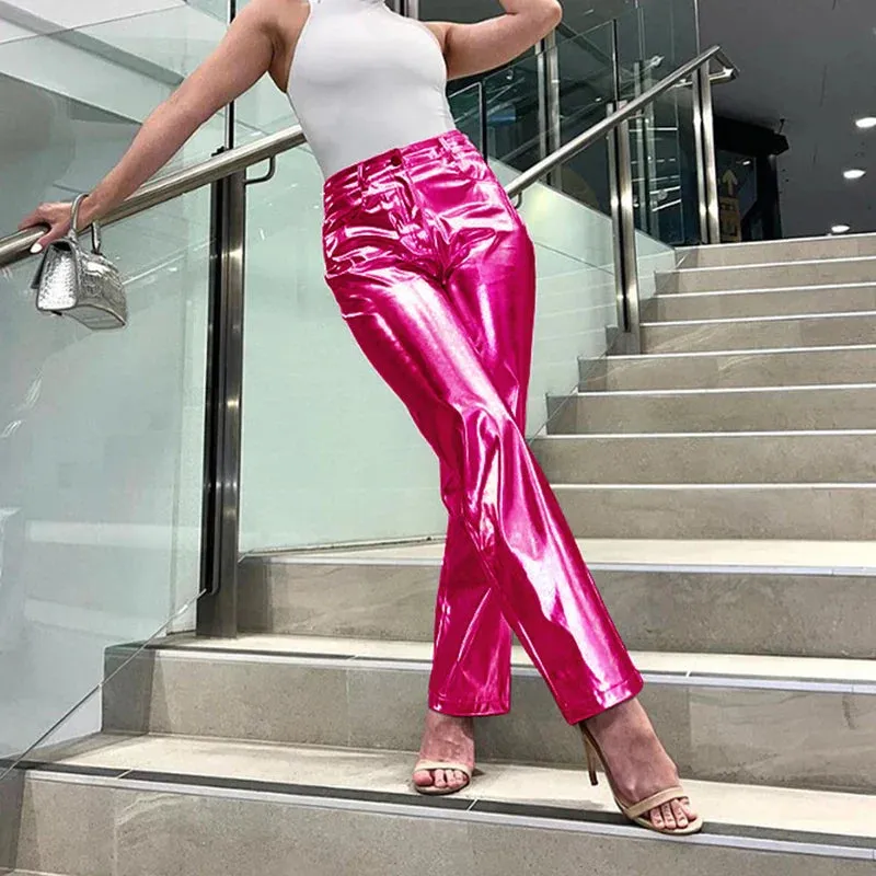 Bonnyshow Silver Summer Straight Women's Pants PU Clothing Solid Casual Pocket Trousers Streetwear Fashion High Waist Ankle-Length Pants