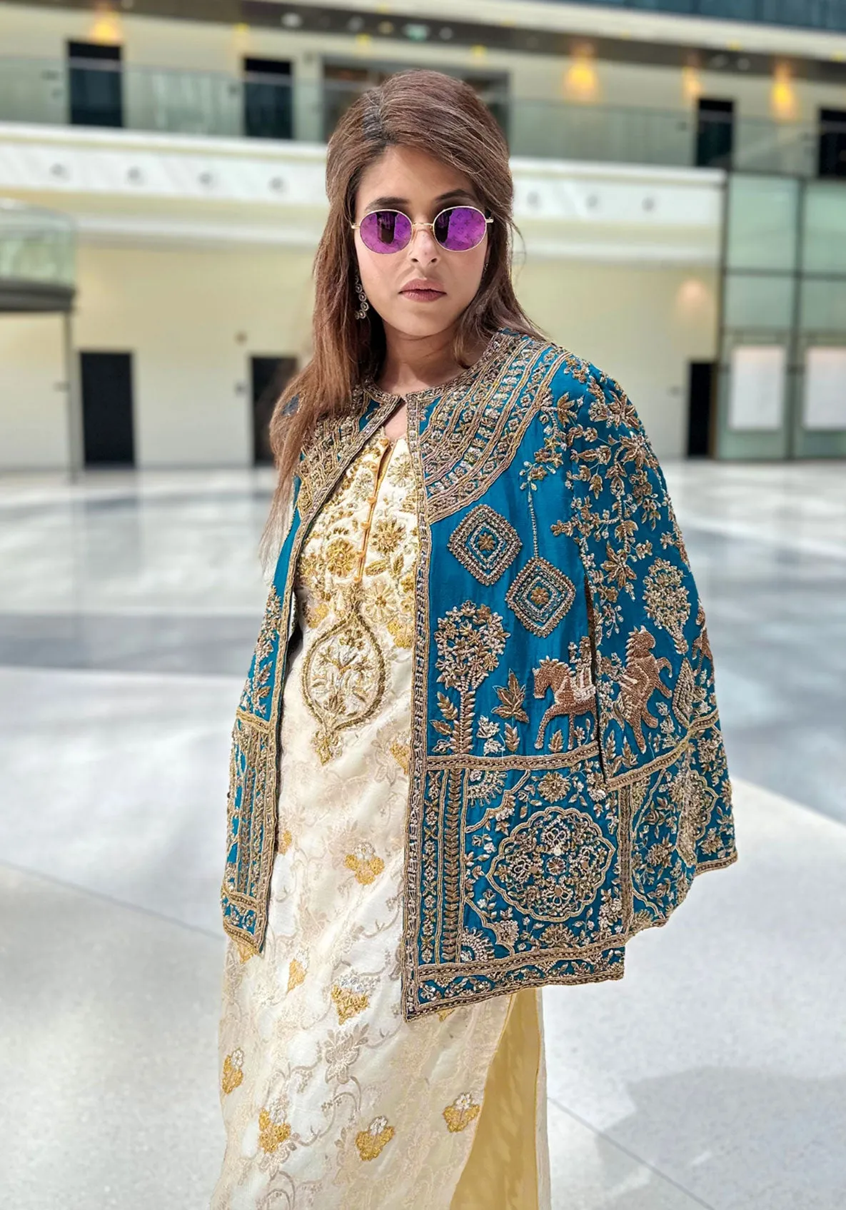 Cerulean Blue Zardozi Embroidery Cape
