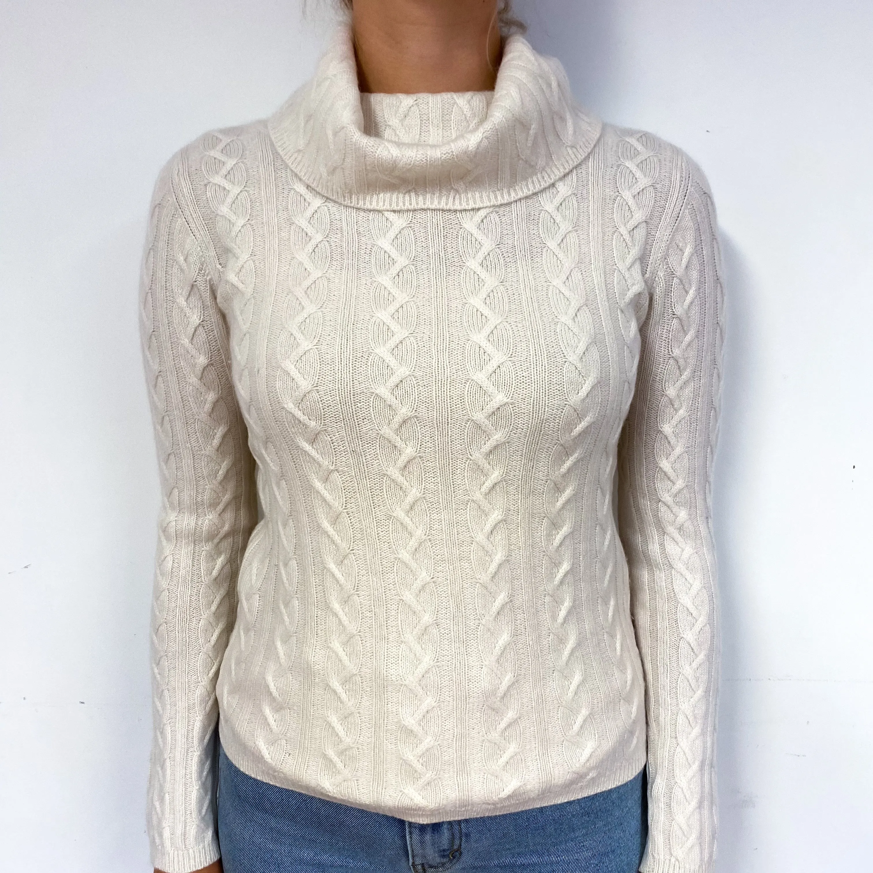 Cream Cable Knit Cashmere Polo Neck Jumper Small