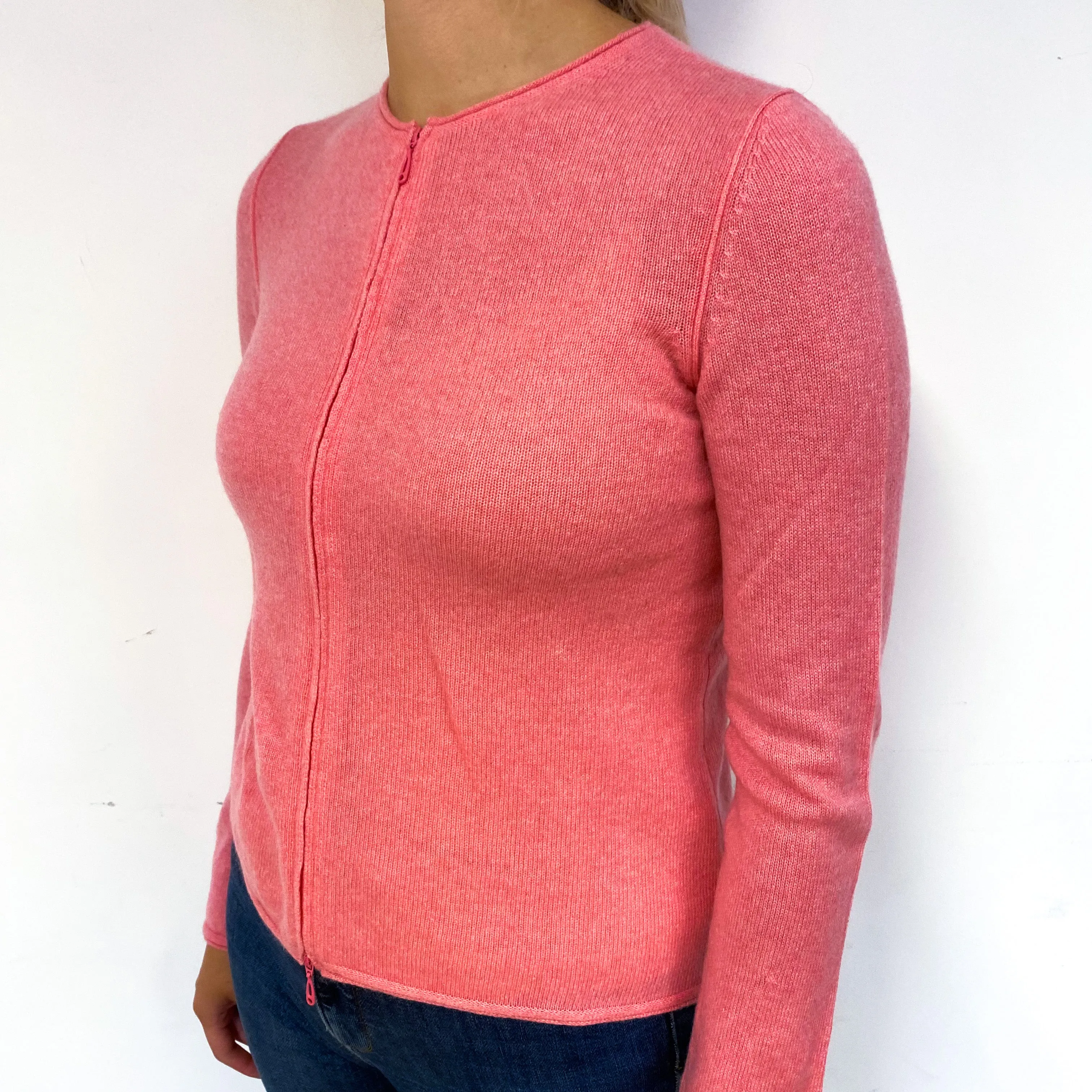 Deep Flamingo Pink Cashmere Zip Up Cardigan Small