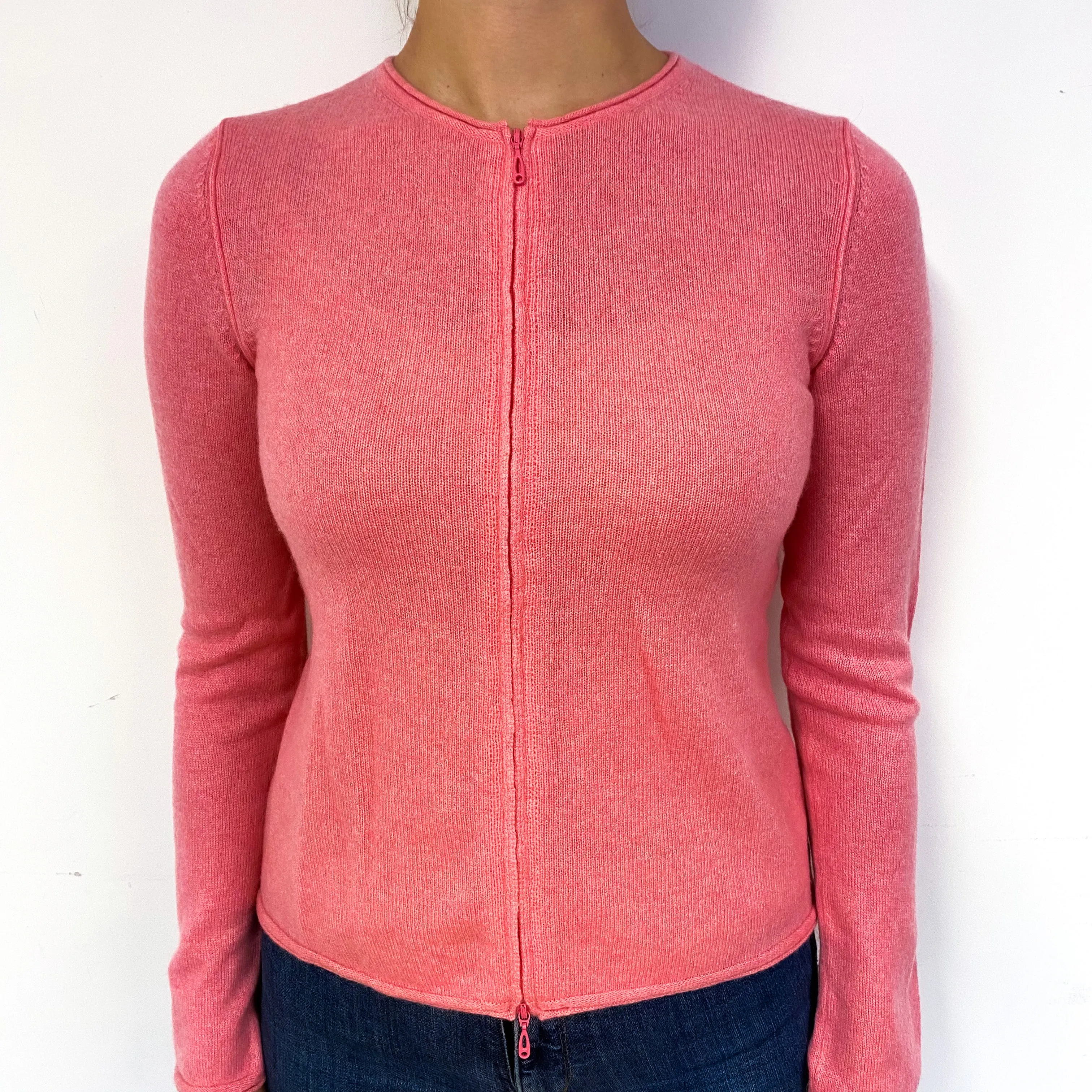 Deep Flamingo Pink Cashmere Zip Up Cardigan Small