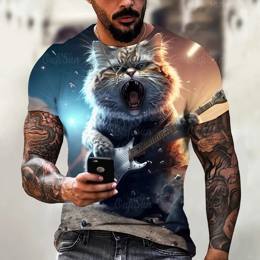 Funny T Shirt For Men Summer Short Sleeve Animal T-Shirts Rock Metal Cat 3d Print Fashion Casual Street Oversized Men's Clothing