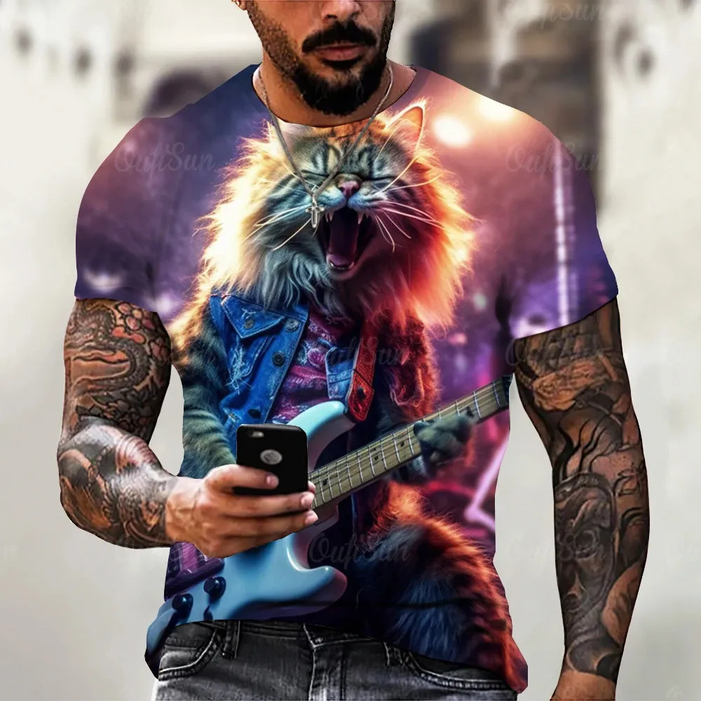 Funny T Shirt For Men Summer Short Sleeve Animal T-Shirts Rock Metal Cat 3d Print Fashion Casual Street Oversized Men's Clothing
