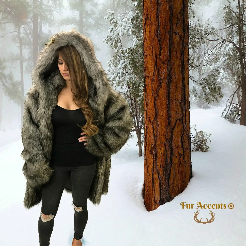 FUR ACCENTS Exotic Faux Fur Shaggy Gray Wolf - Large Baggy - Hooded Coat - Unisex Jacket - One Size - Oversize
