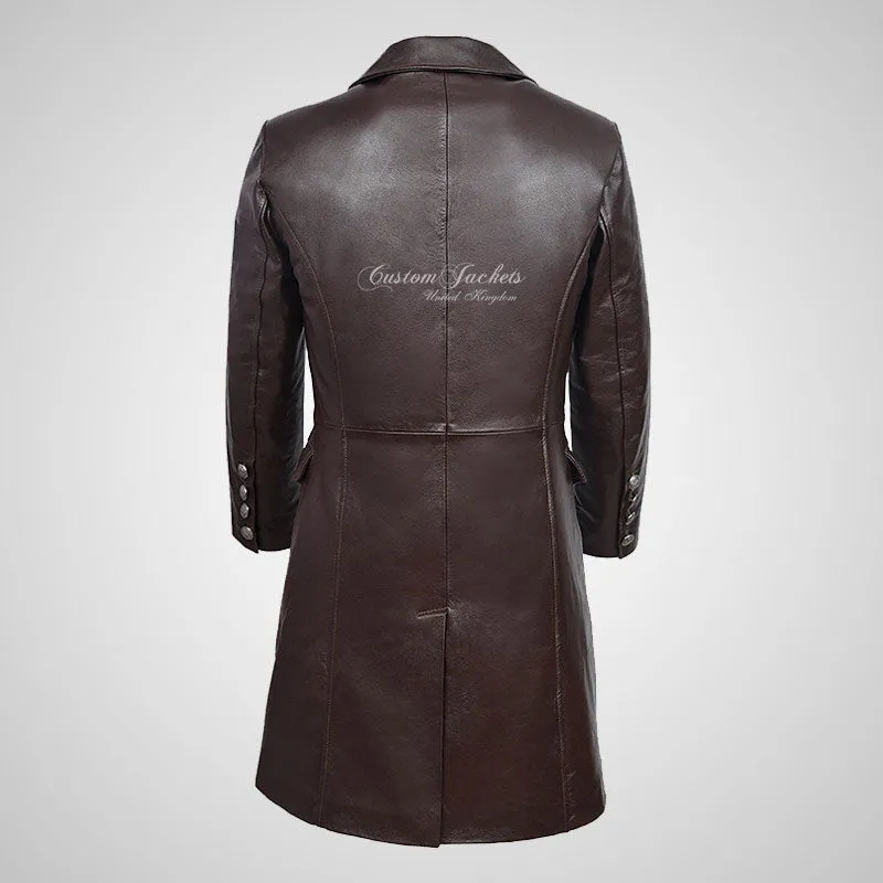 GERMAN Style 3/4 Length Mens Leather Long Coat