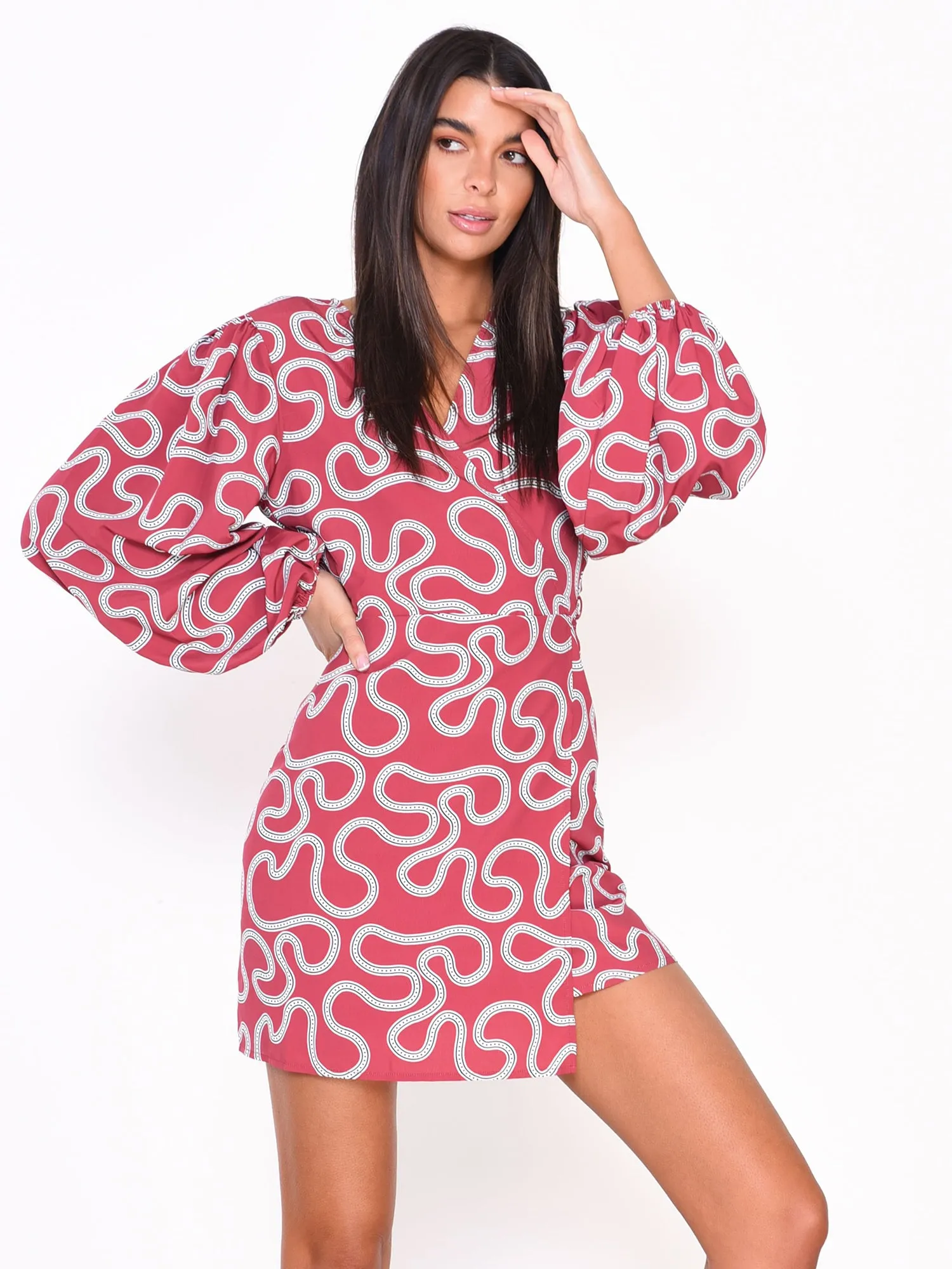 Glamorous Red Abstract Print  Long Sleeve Wrap Mini Dress