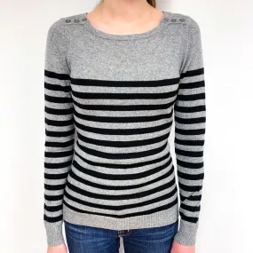 Grey Black Stripe Cashmere Crew Neck Jumper Extra Small