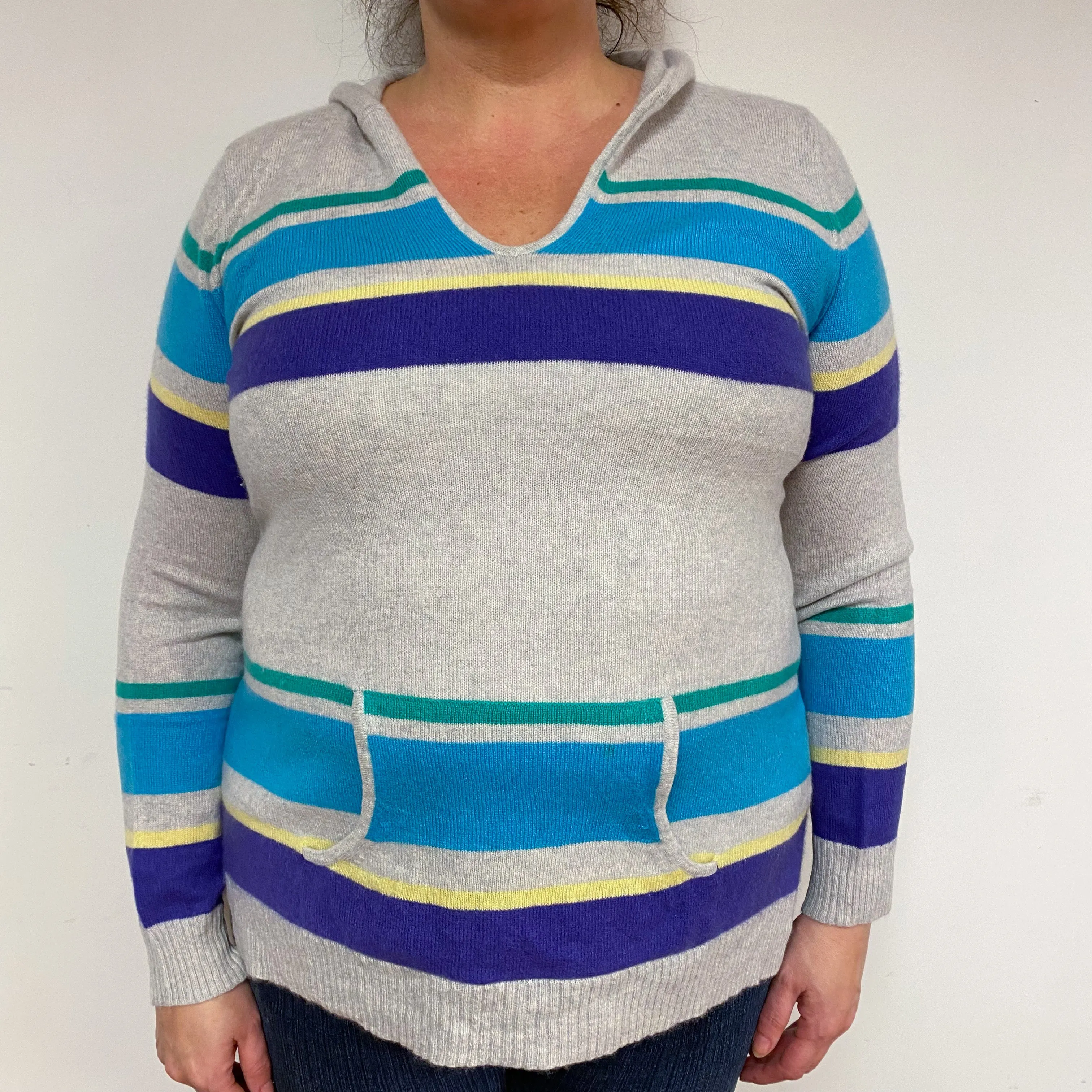 Grey Blue Stripe Cashmere Hoodie Jumper Extra Large
