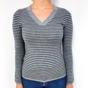 Grey Stripe Cashmere V-Neck Jumper Small