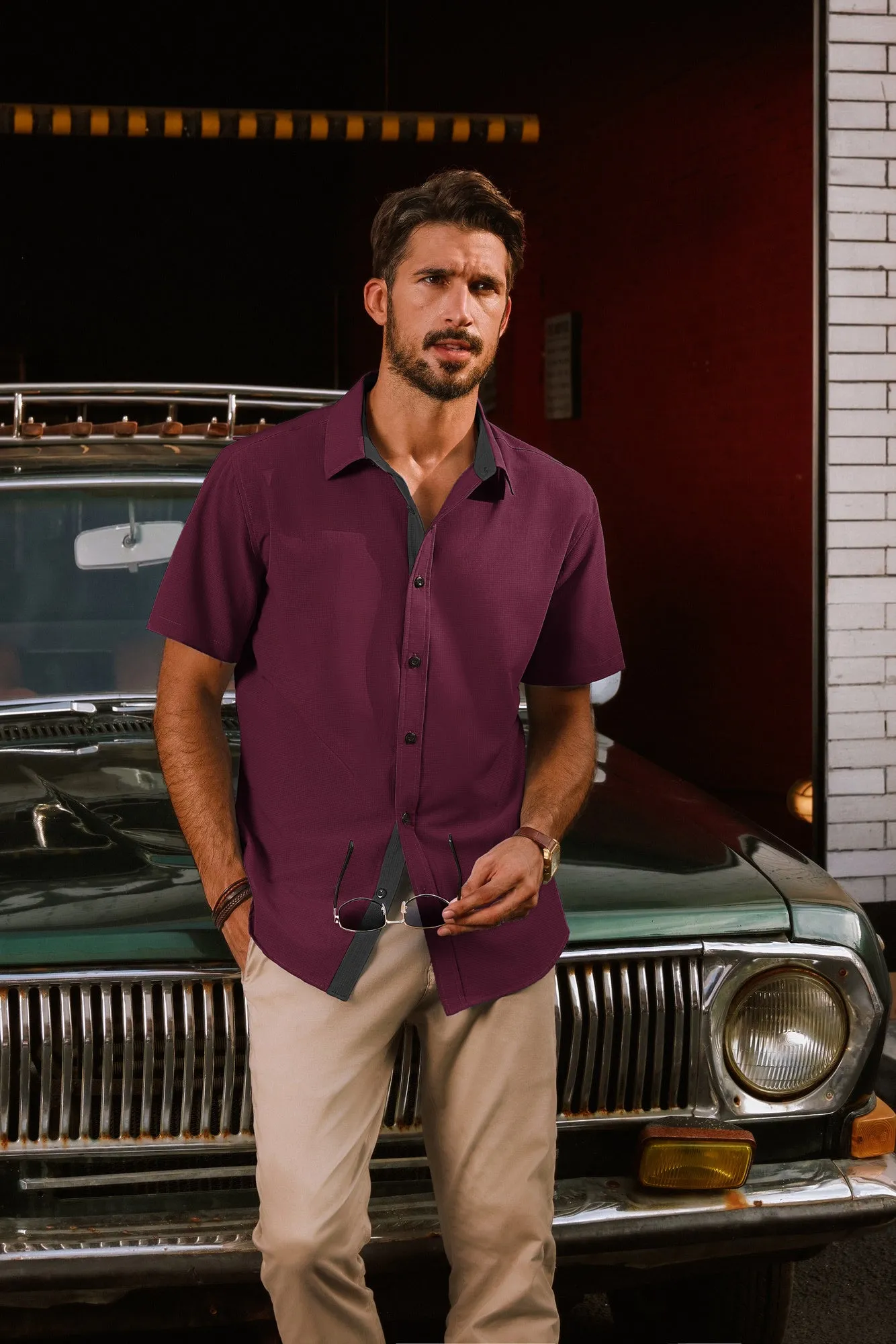 Men Basic Shirt Casual Short Sleeve Classic Collar Curved Hem Shirt Tops