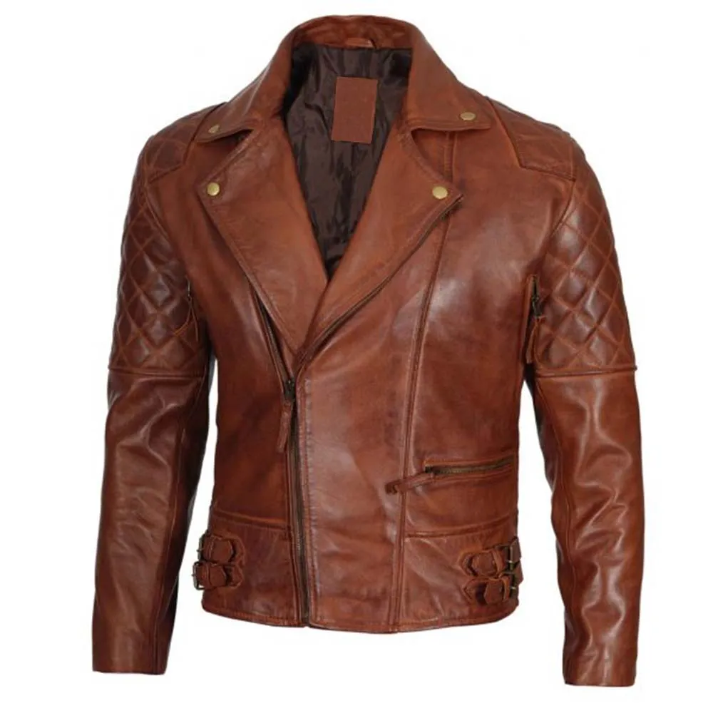 Men’s Quilted Cognac Waxed Leather Motorcycle Jacket