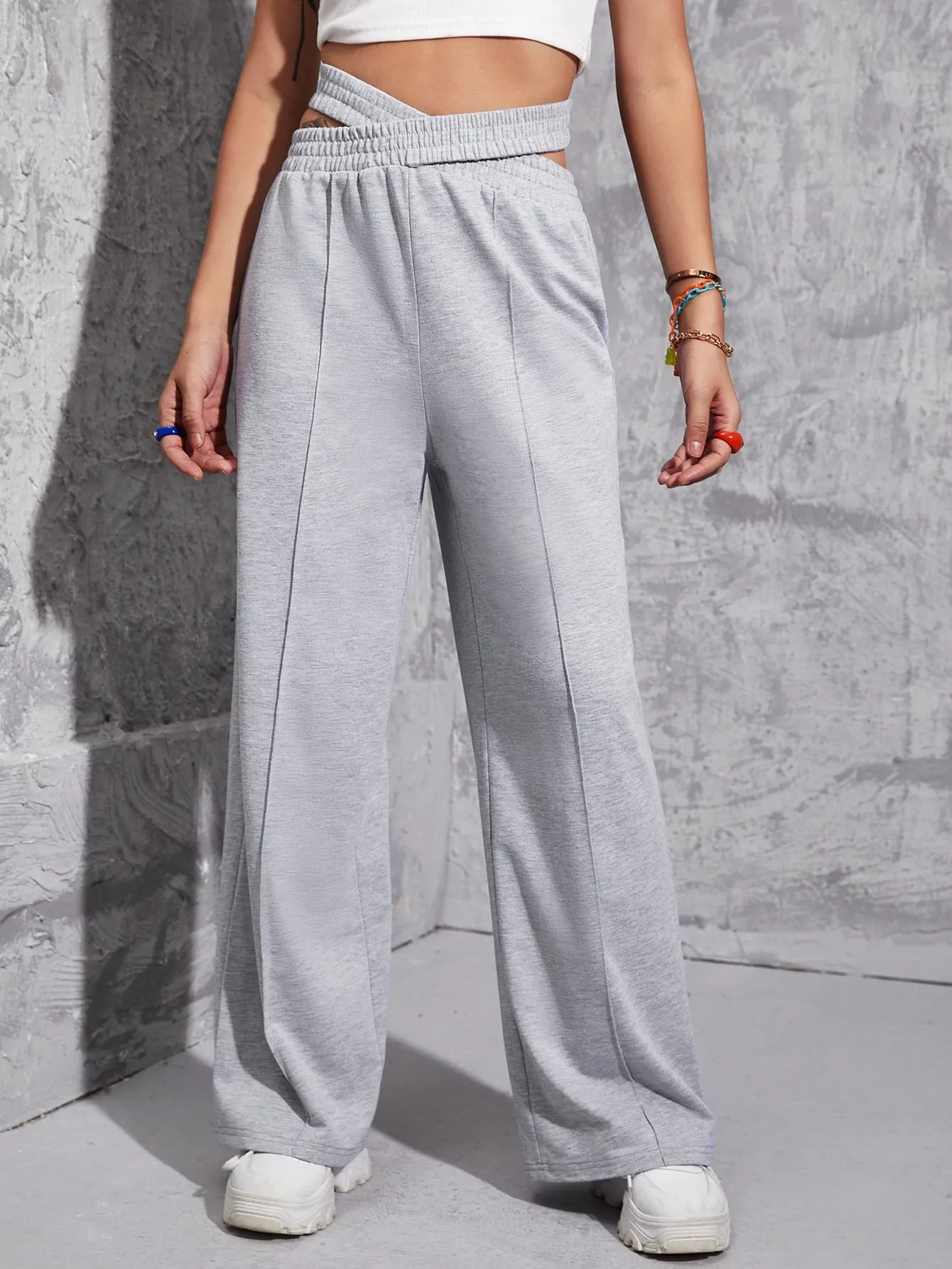 Plain Cut Out Natural Long Women Sweatpants