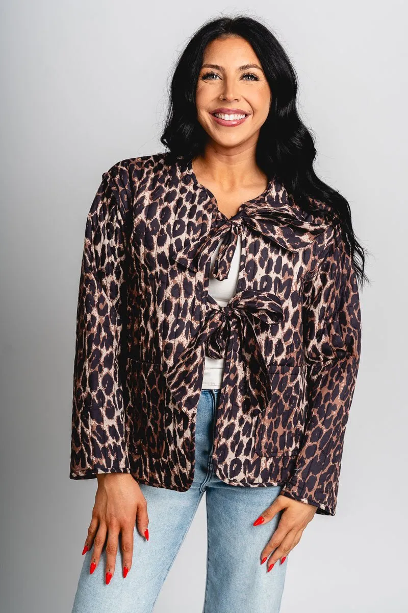 Tie detail quilted jacket leopard